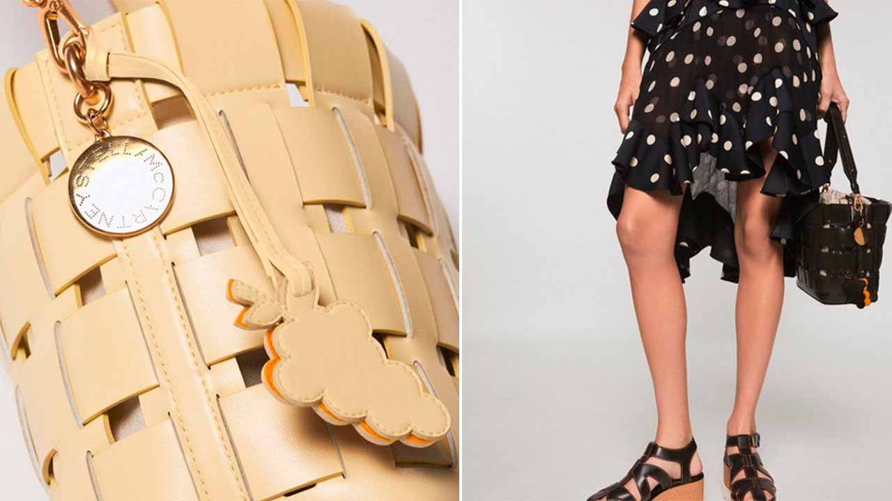 Montagem com duas fotos de bolsas da Stella McCartney feitas com couro de uva.
