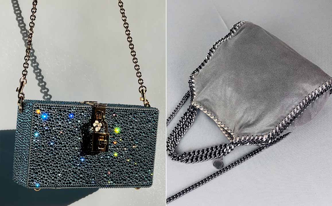 Montagem com duas fotos de bolsas com brilho e prateada para o look de revéillon.