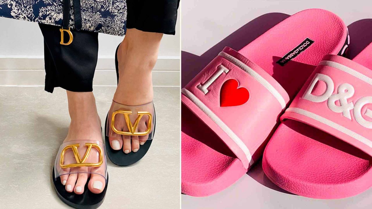 Fotos de chinelos e slides de marcas de luxo.
