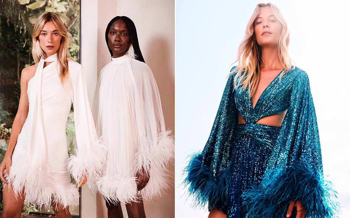 Montagem com fotos de mulheres usando vestidos como inspiraçãoes de looks para o réveillon.