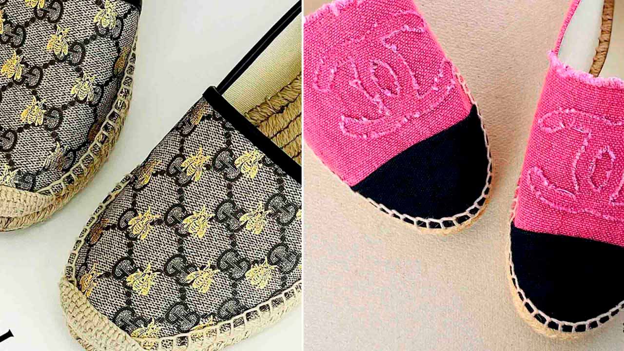 Montagem com fotos de espadrilhes um dos melhores sapatos confortáveis para levar na mala de viagem.