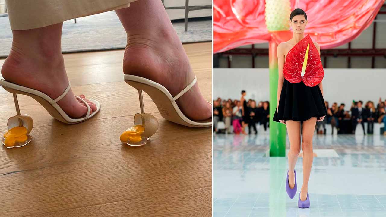 Montagem com criações da Loewe: sapato com salto de ovos quebrados e vestido antúrio.