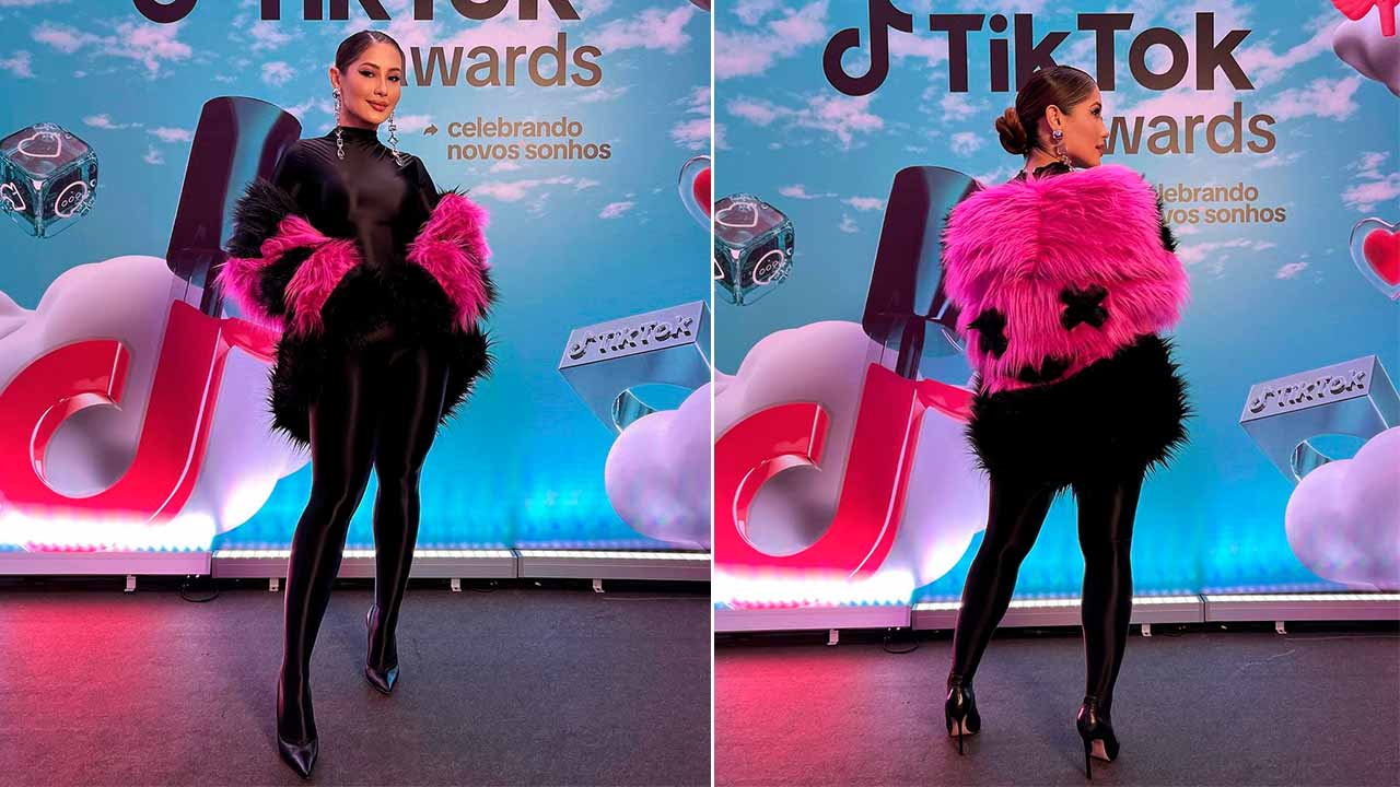 Montagem com fotos dos looks de thaynara OG no TikTok Awards 2023.