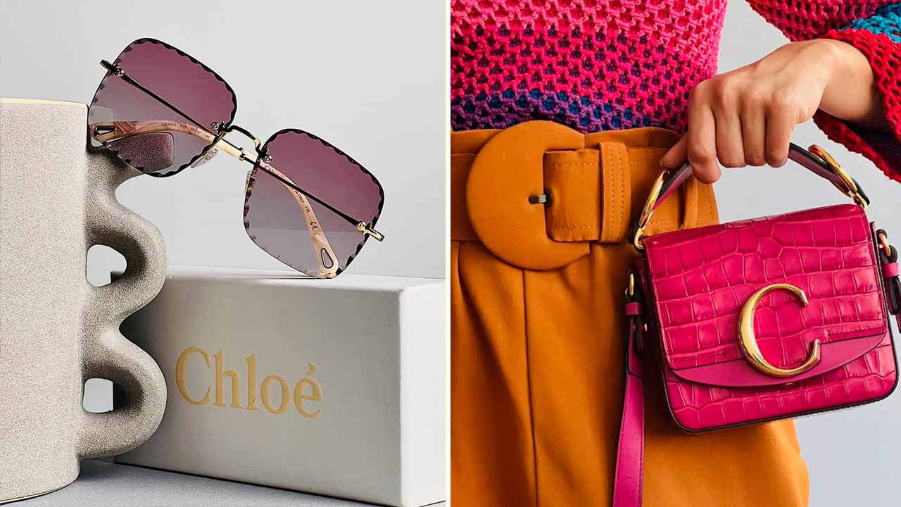 Montagem de fotos de acessórios de luxo da chloé: uma marca de luxo sustentável.
