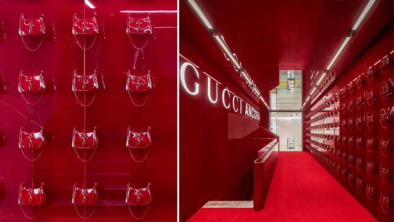 Montagens de fotos do interior da nova loja Gucci e a sua nova decoração;