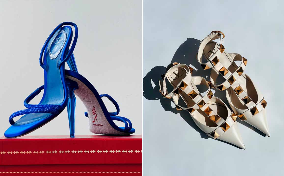 Montagem com fotos de sapatos de luxo.
