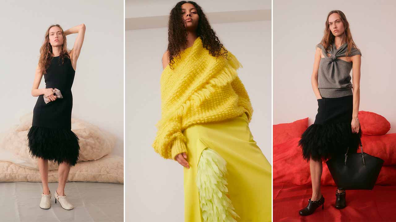 montagem com 3 fotos de modelos usando looks da Stella McCartney com aplicação de BioPuff, um substituto vegana e sustentável para as penas de animais.