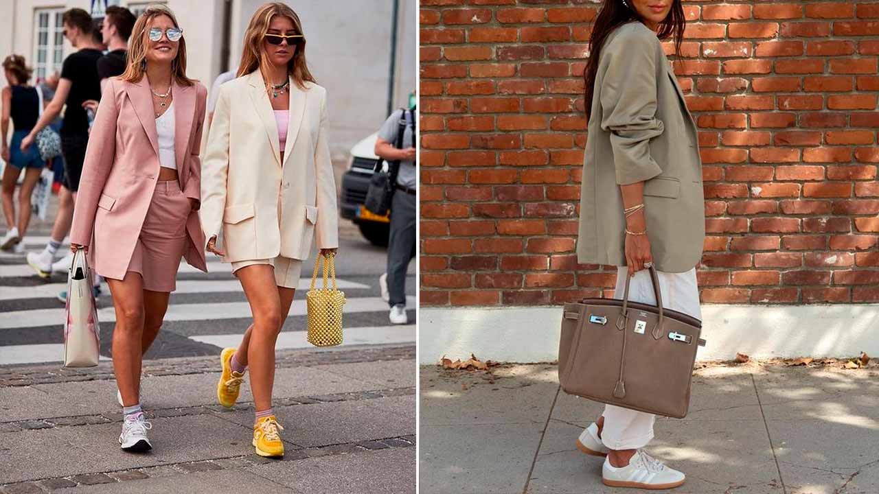 Montagem com duas fotos de mulheres usando tênis, um dos melhores sapatos para enfrentar o calor.