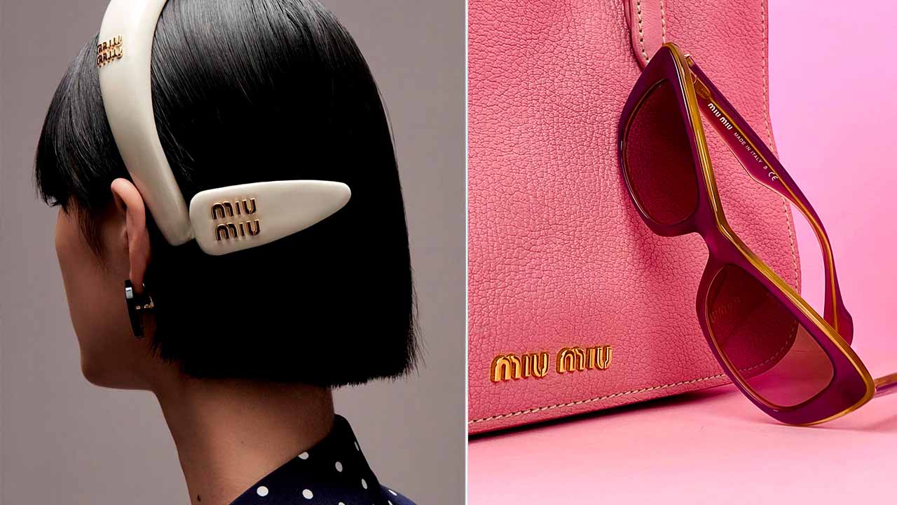Montagem com duas fotos da marcas de  acessórios de luxo Miu Miu.