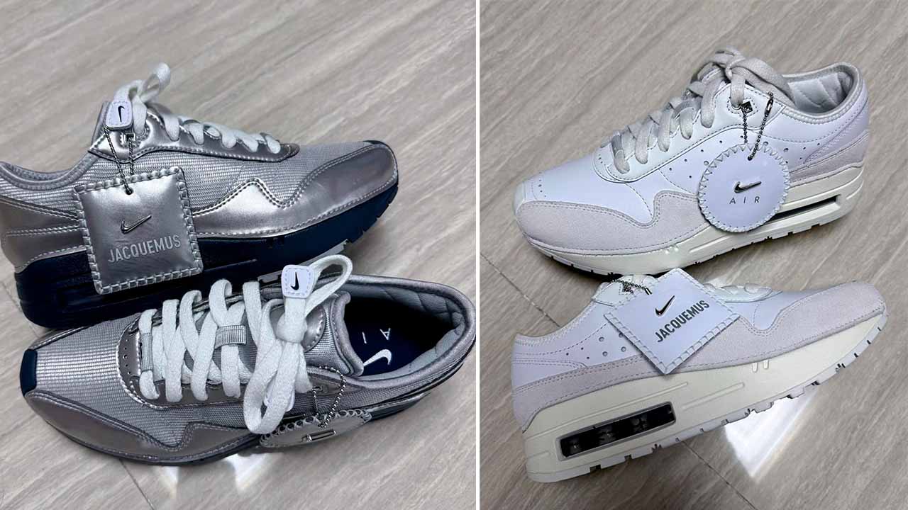 Montagem de fotos do novo Tênis Nike Air Max da nova collab Jacquemus e Nike.