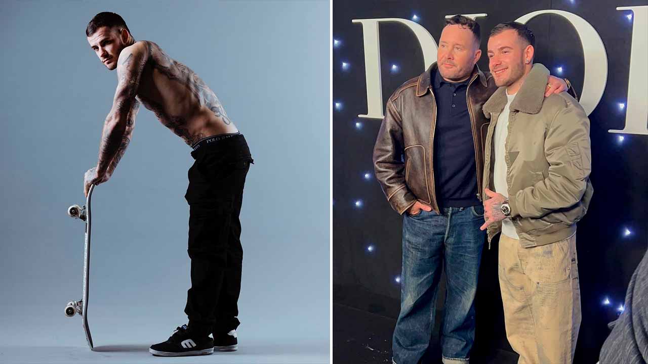 Fotos do skatista Giraud, o novo embaixador da Dior, ao lado de Kim Jones, diretor criativo da marca da linha masculina.