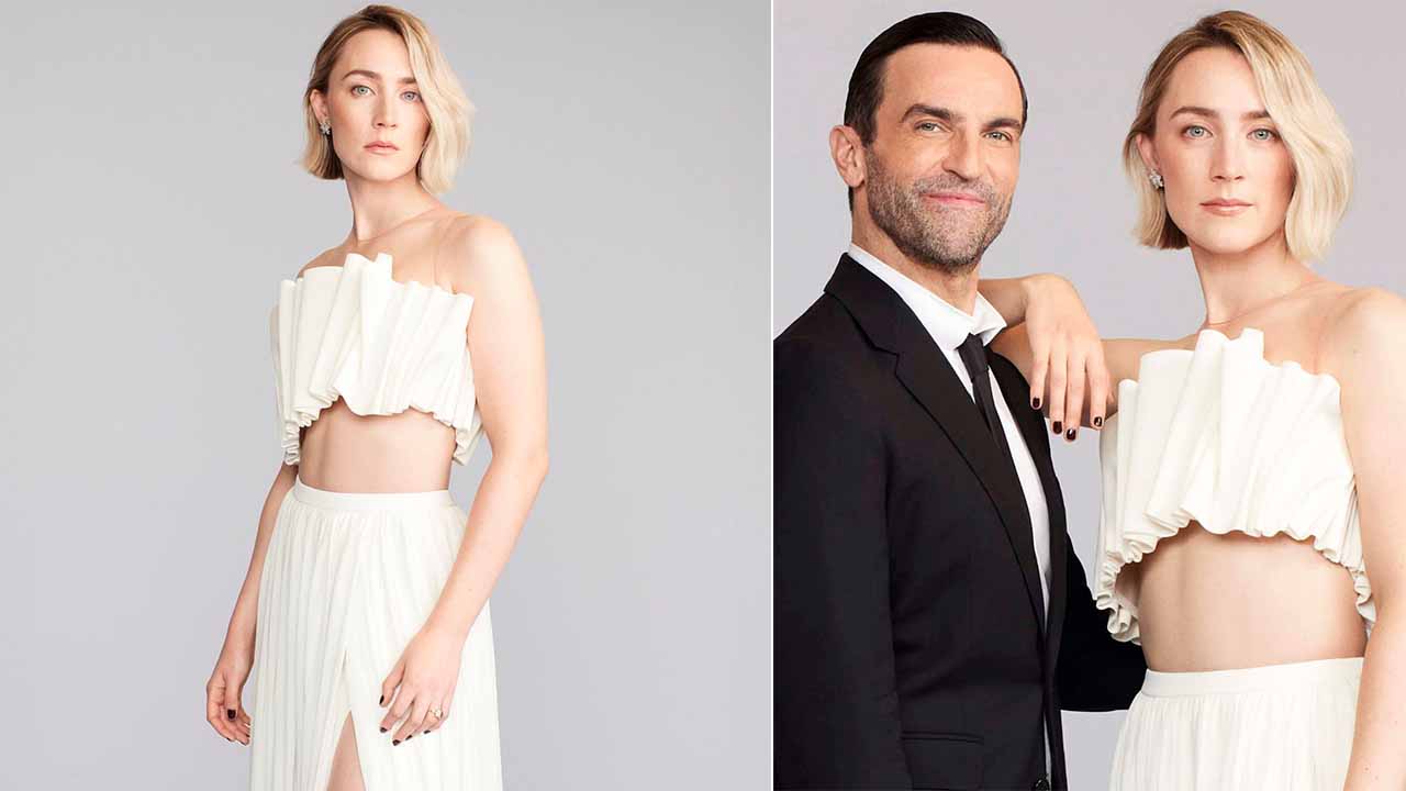 Montagem de fotos da atriz  Saoirse Ronan, a nova embaixadora da Louis Vuitton, ao lado do diretor criativo Nicolas Ghesquiére.