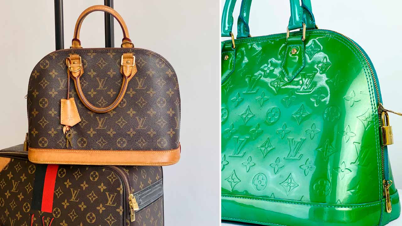 Montagem com duas fotos do modelo Alma LV, uma das Bolsas Louis Vuitton Mais Vendidas no EU.