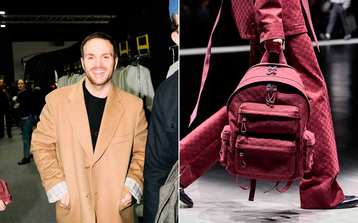 Montagem de fotos do estilista da Gucci Sabato de Sarno e seu desfile masculino.