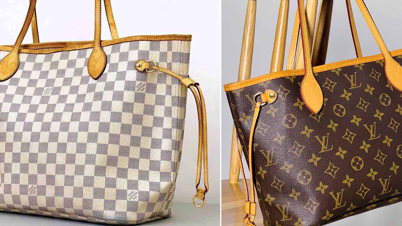 Montagem com duas fotos de modelos Neverfull da LV, uma das Bolsas Louis Vuitton Mais Vendidas no Etiqueta Única.