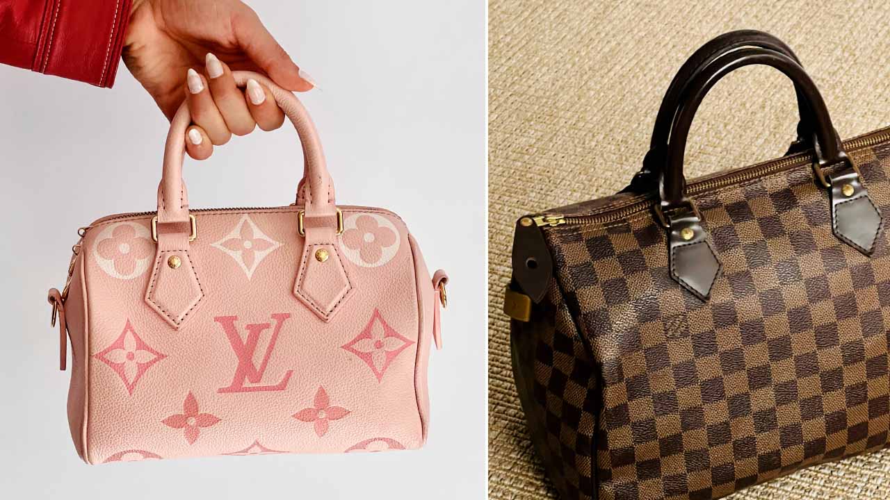 Montagem com duas fotos do modelo Speedy LV, uma das Bolsas Louis Vuitton Mais Vendidas no mercado second hand.