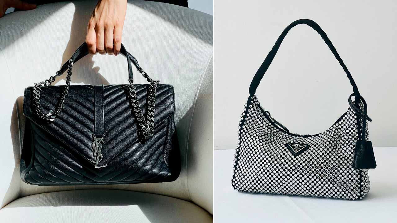 Montagem com duas fotos de bolsas, sendo uma da Saint Laurent e outra da Prada.