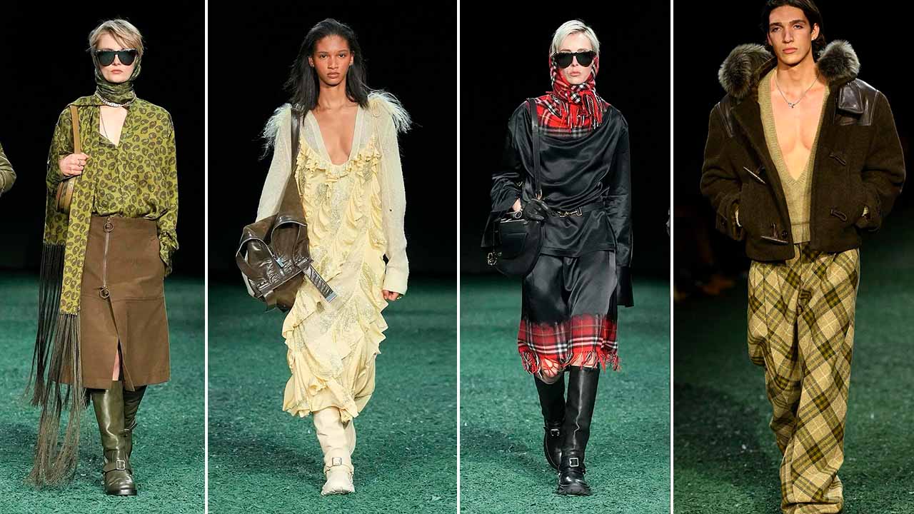 Montagem de fotos do desfile da Burberry na London Fashion Week.