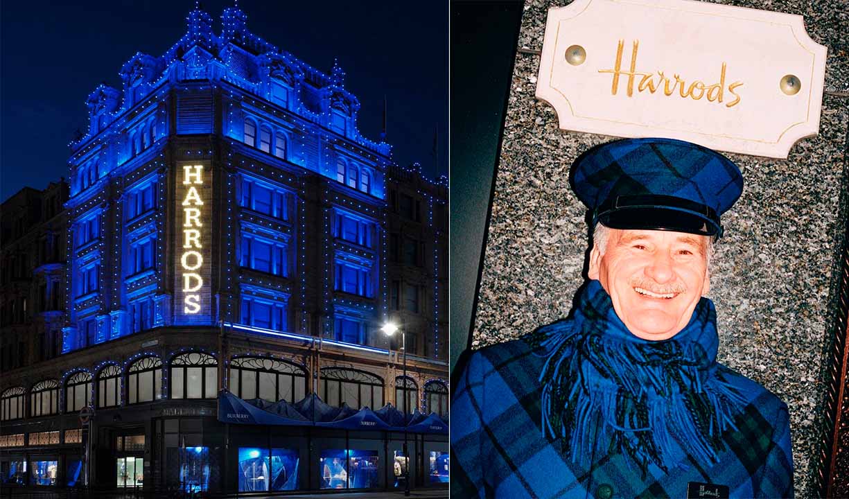 Fotos da faixada da loja Harrods e porteiro usando xadrez azu Burberry.