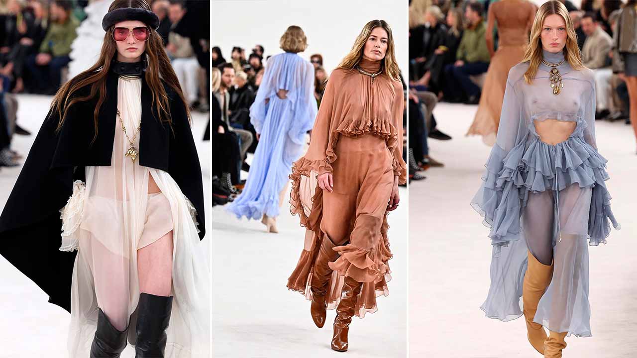 Montagem de fotos da estreia de Chemena Kamali na Chloé durante a Paris Fashion Week 2024.