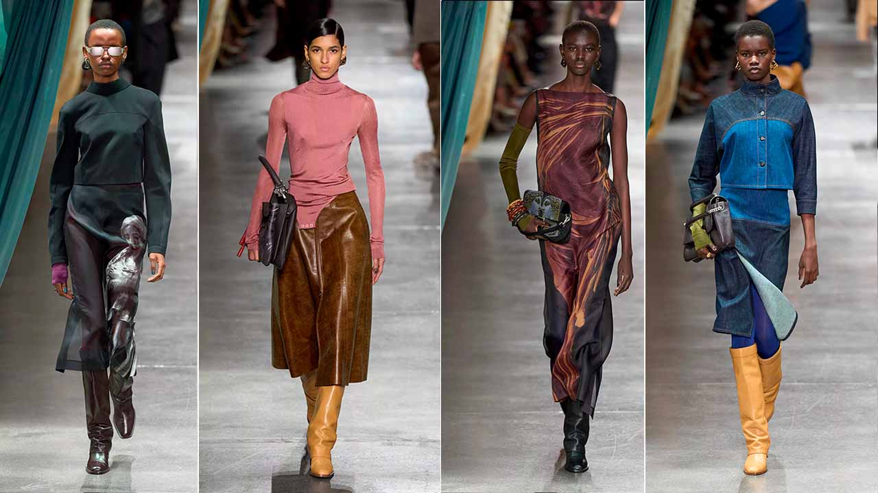Montagem de fotos de looks do Desfile da Fendi na Semana de Moda de Milão 2024, MFW.