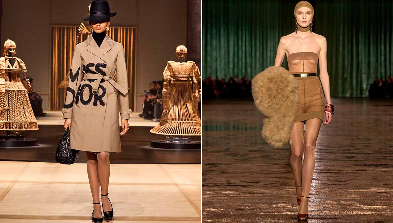 Montagem de foto de desfile da Dior na PFW 24 e Desfile da Saint Laurent na Semana de Moda de Paris 2024.
