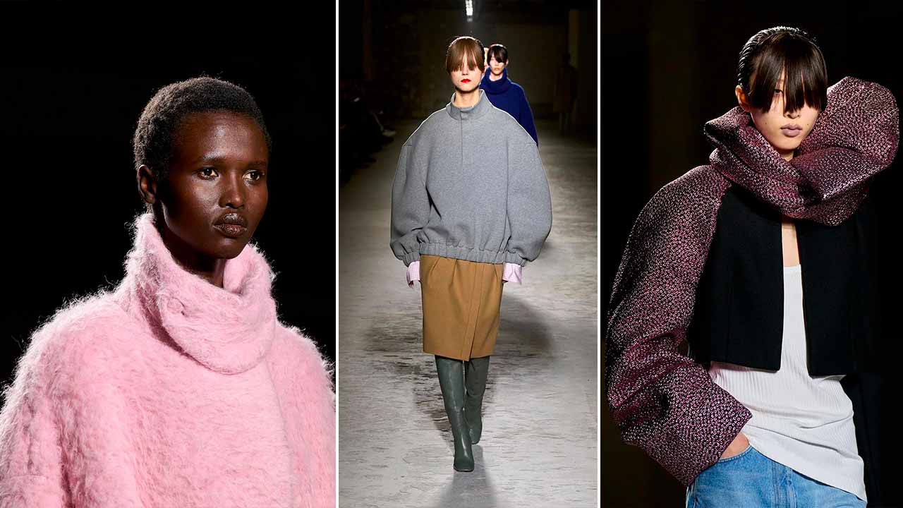 Montagem com três fotos de looks do desfile de Dires Van Noten na Paris Fashion Week 2024!
