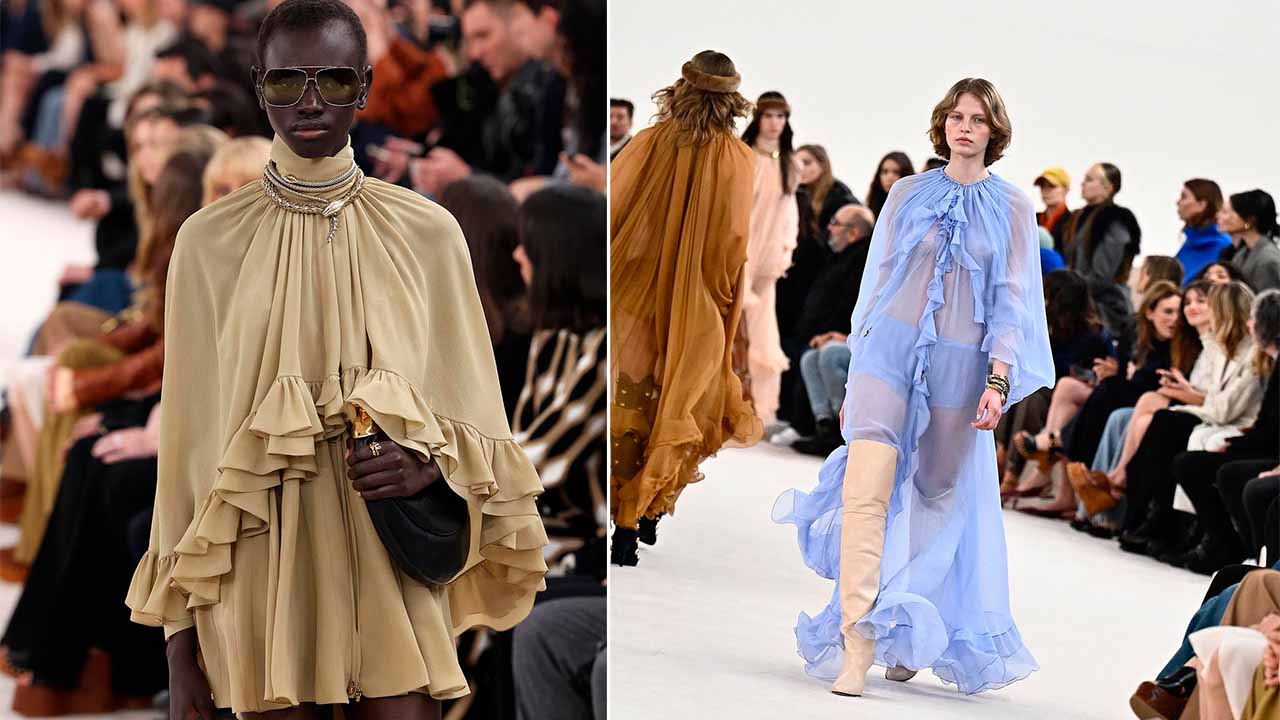 Montagem de duas fotos do desfile da Chloé na Paris Fashion Week 2024 (PFW).
