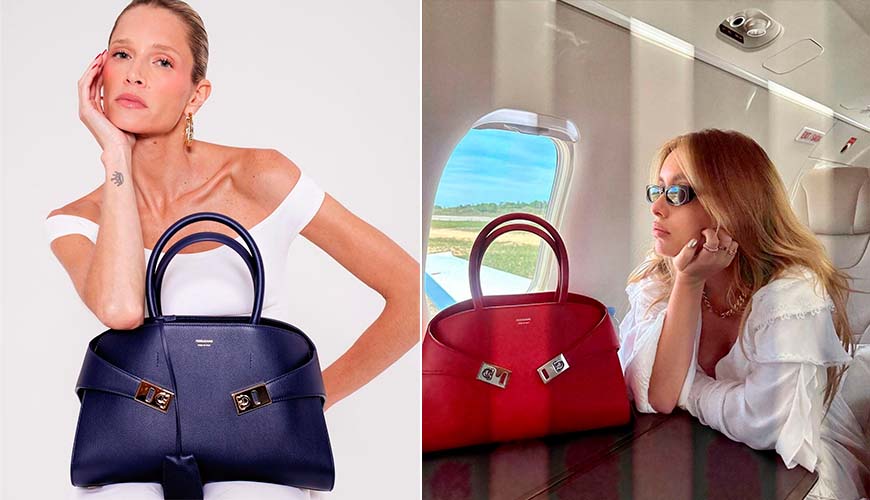 Montagem com duas fotos usando a Bolsa Hub da Ferragamo.