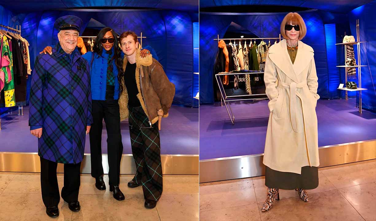 Montagem de fotos de convidados famosos visitando a Harrods estampada com o xadrez azul da Burberry.