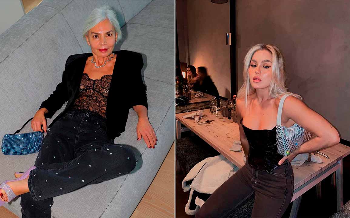 Montagem com fotos de mulheres usando roupas e acessórios com brilho, incluindo bolsa Prada de Strass.