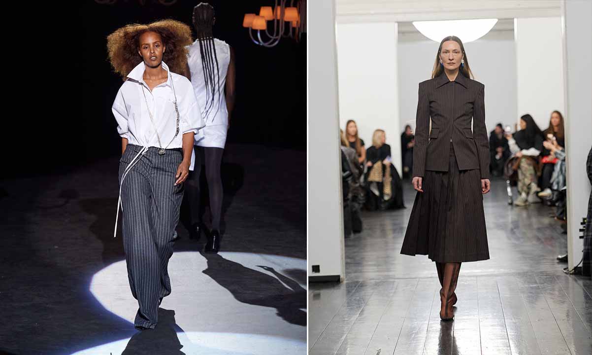 Montagem com duas fotos de looks da Copenhagen Fashion Week 2024.