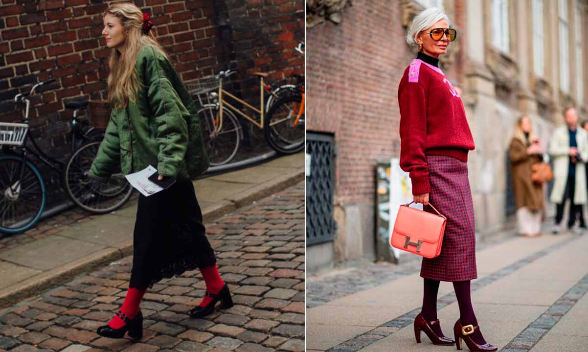 Montagem com duas fotos de mulheres exibindo os seus looks durante a Copenhagen Fashion Week 2024.
