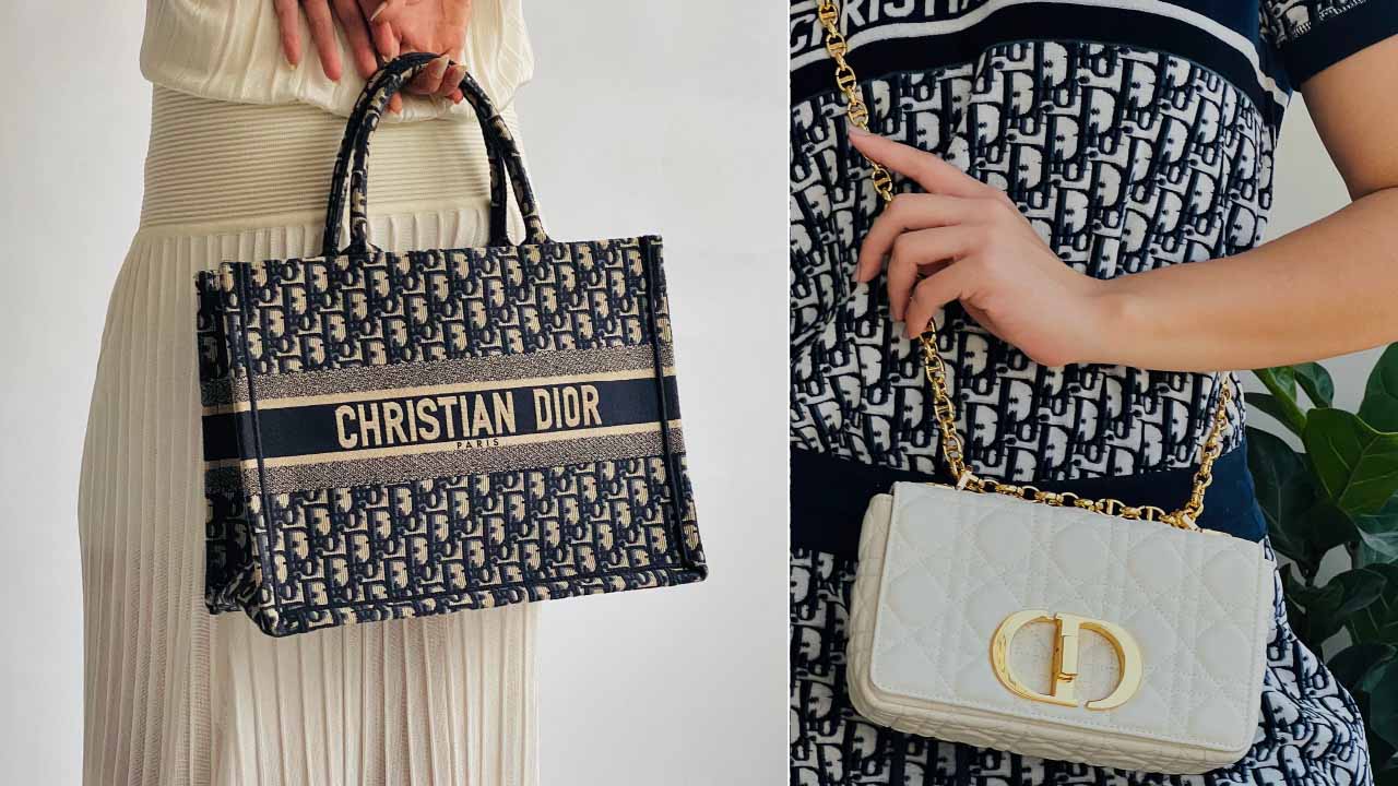 Montagem com duas fotos de mulheres usando Bolsas Dior.