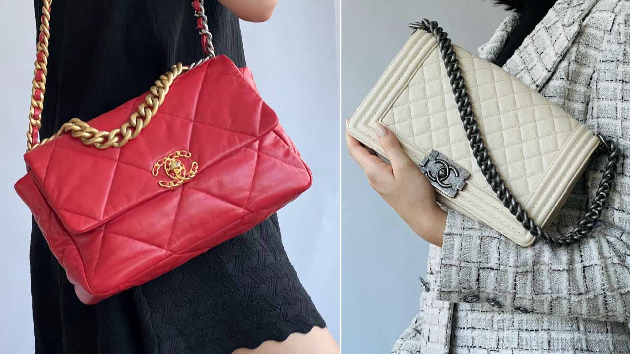 Montagem com duas fotos comparando a Bolsa Chanel 19 e a Bolsa Boy.
