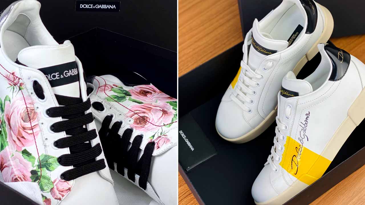 Montagem com duas fotos de tênis femininos da Dolce & Gabbana.