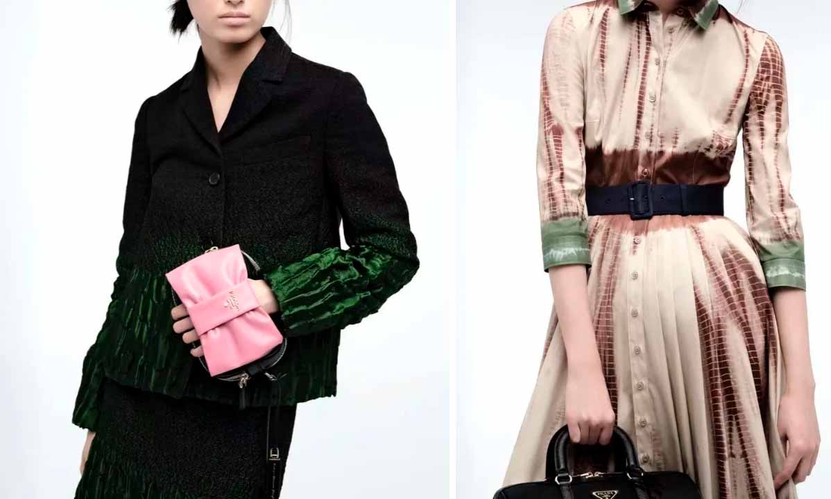 Montagem com dois looks da Prada da cápsula inspirada na série chinesa Blossoms Xangai.