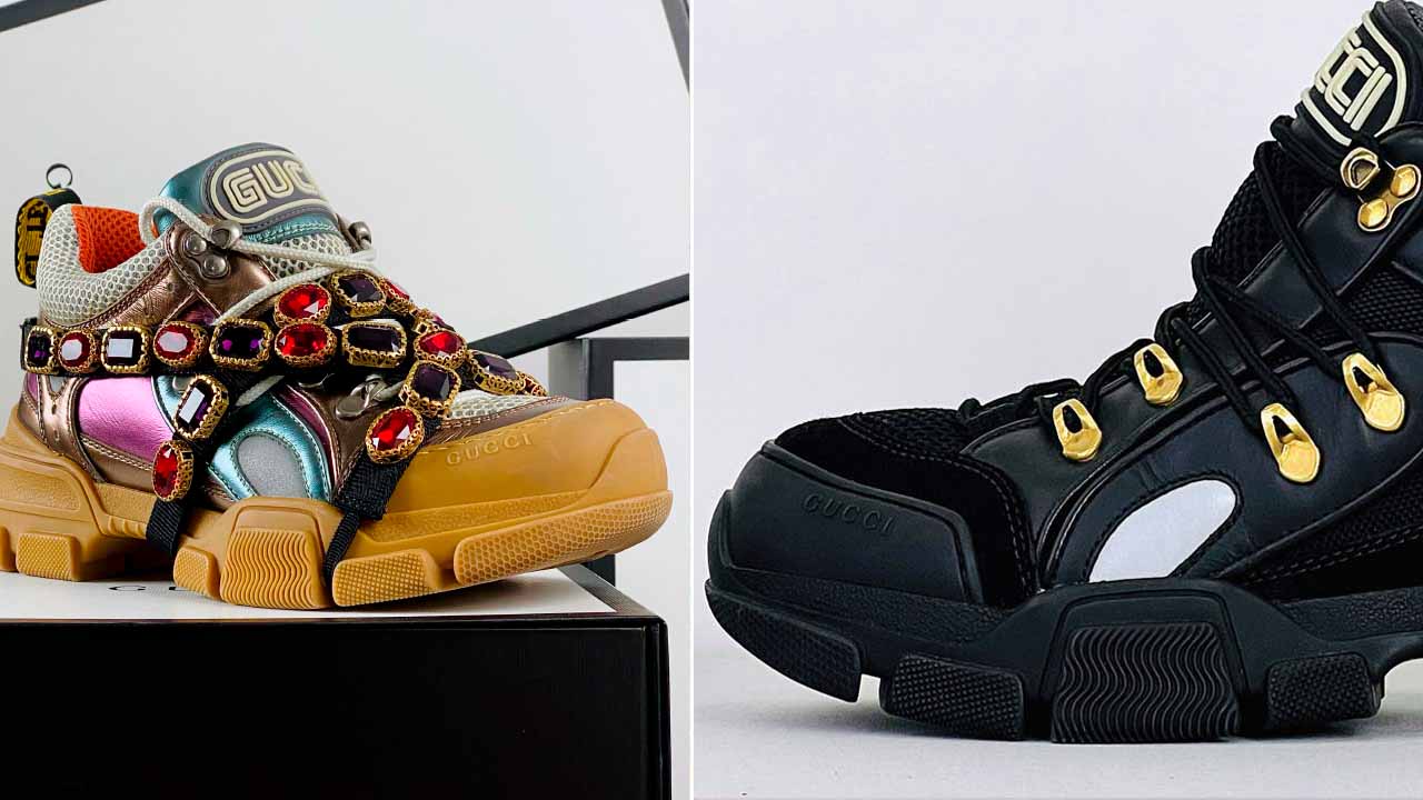 Montagem com duas fotos de tênis femininos da Gucci.