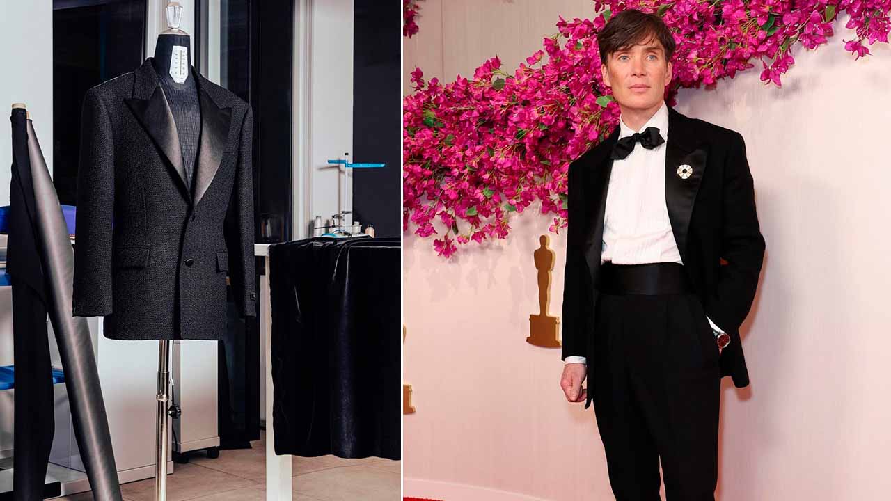 Montagem de duas fotos de smoing da Versace.