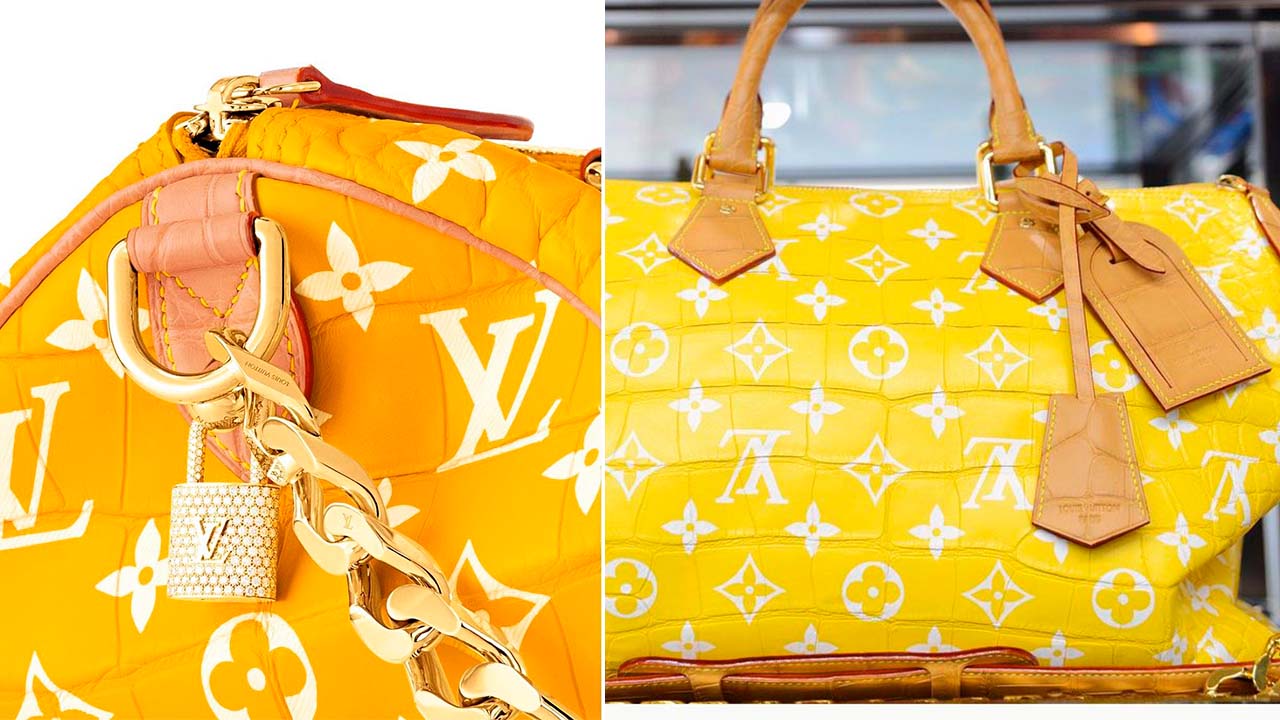 Montagem de fotos da bolsa mais cara da Louis Vuitton, a Millionaire Speedy, modelo de couro de crocodilo e diamente explica por que a louis vuitton é cara.