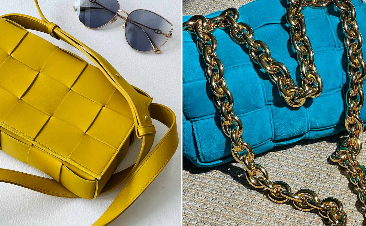 Montagem com duas fotos de Bolsas da Bottega Veneta, cujo o nome significa Loja Veneziana.