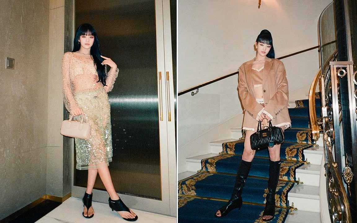 Montagem de duas fotos de mulher usando roupas e bolsa da Miu Miu.