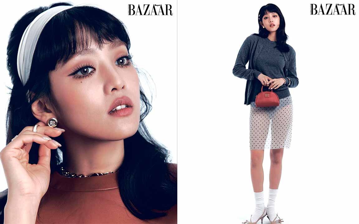 Montagem de duas fotos de Min Nichha, embaixadora da Miu Miu.