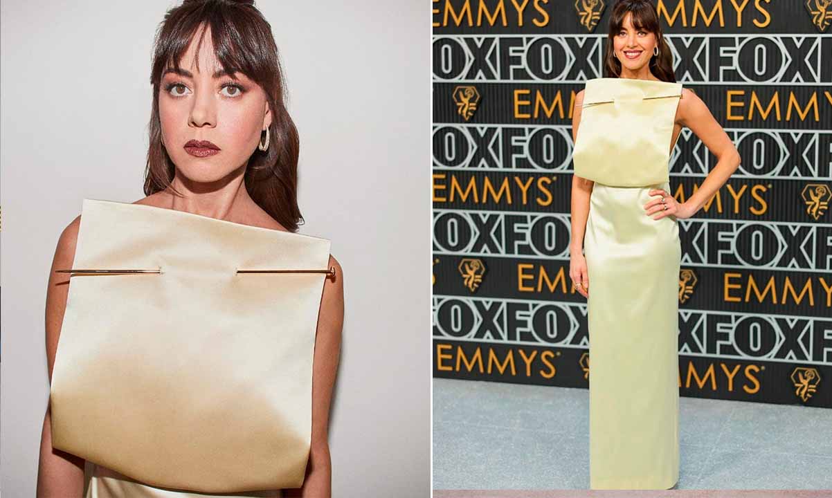 Montagem com duas fotos da atriz Audrey Plaza usand vestido da Loewe.