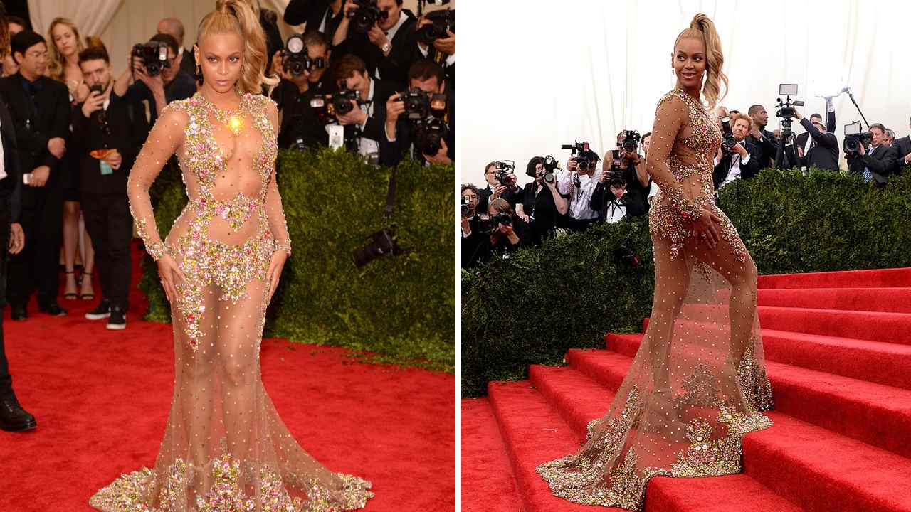 Beyoncé no Met Gala de 2015. (Foto 1: Reprodução/Popsugar.com; Foto 2: Reprodução/Hollywoodreporter.com)