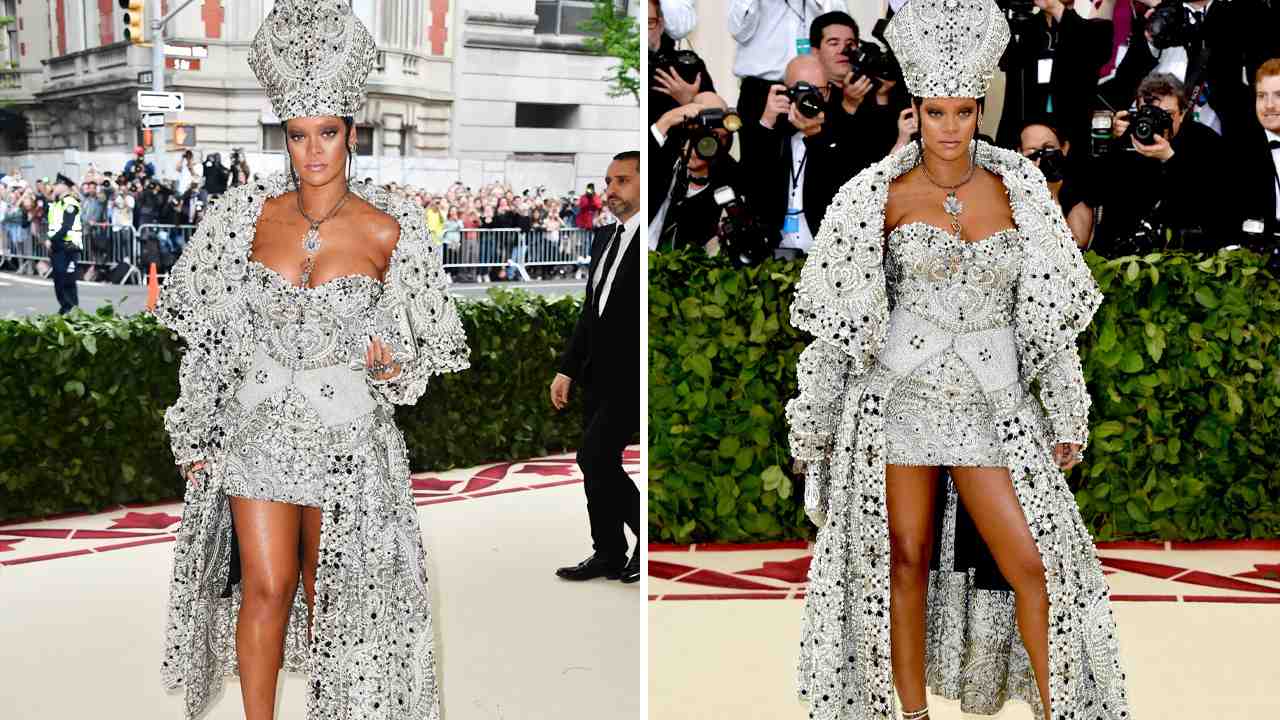 Rihannah no Met Gala de 2018. (Foto 1: Reprodução/Billboard.com; Foto 2: Reprodução/Vogue.com)