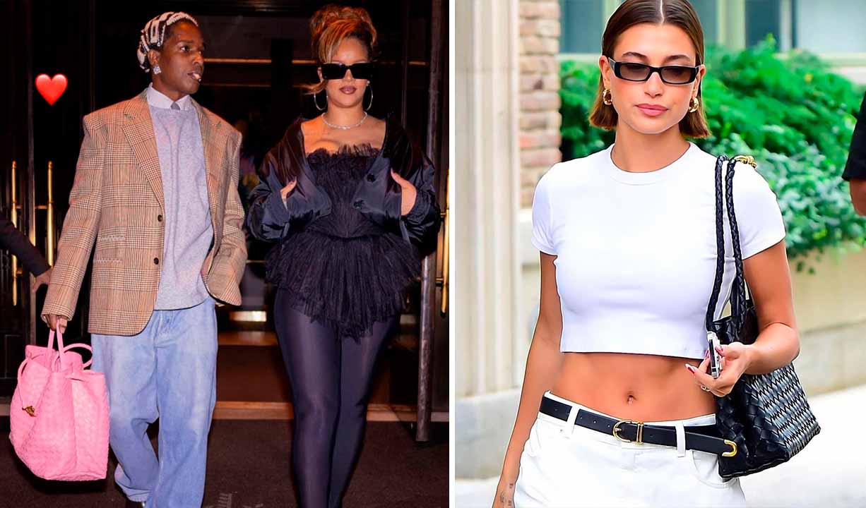 Montagem de duas fotos com pessoas usando looks estilo Bottega Veneta.