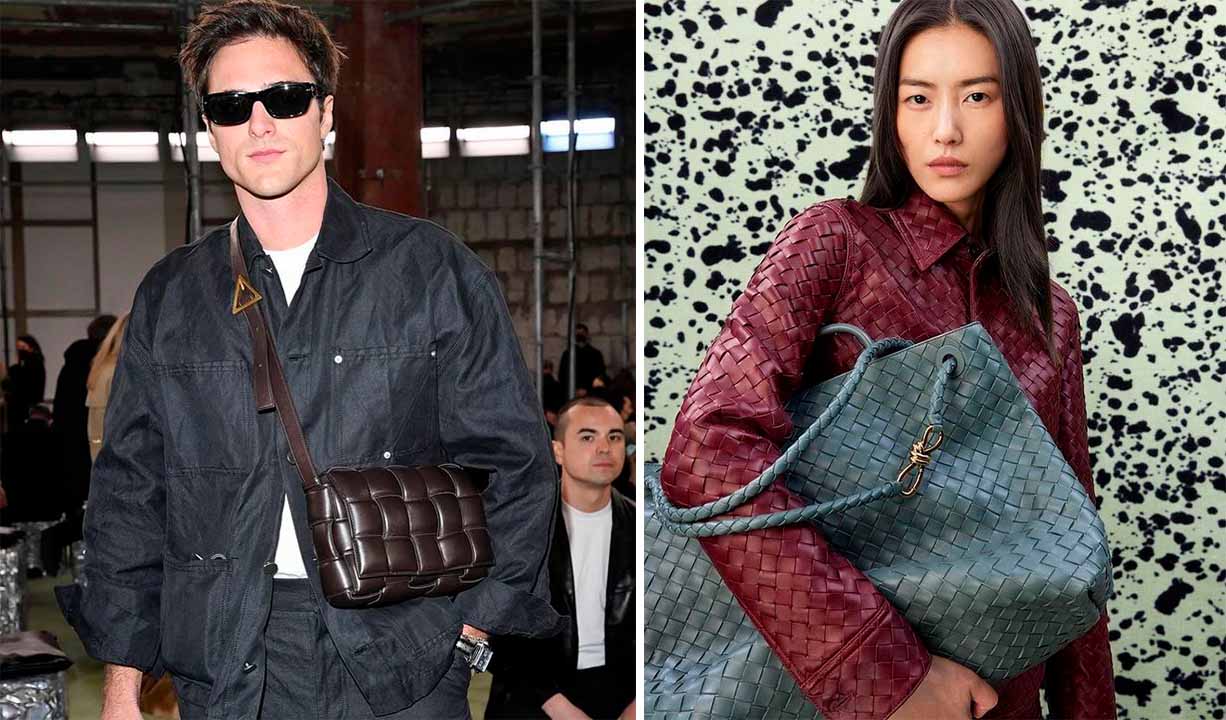 Montagem com duas fotos de pessoas usando roupas estilo Bottega Veneta.