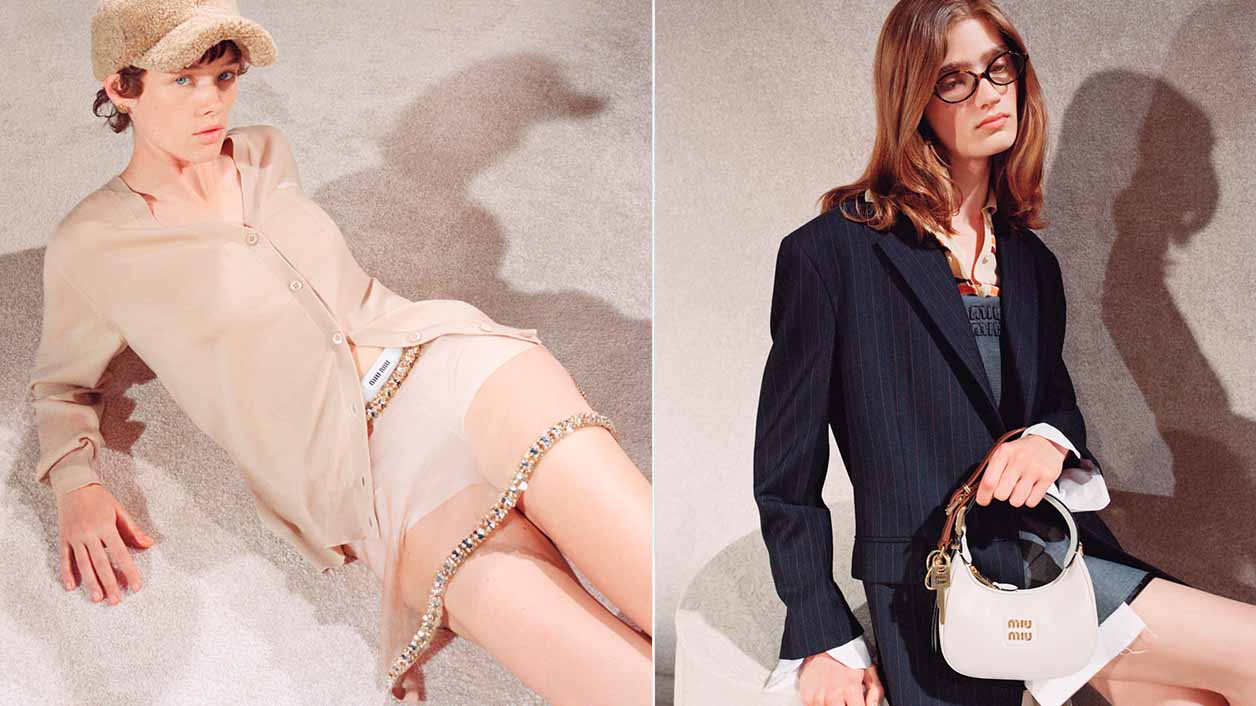 Montagem com duas fotos de mulheres usando roupas da Miu Miu.