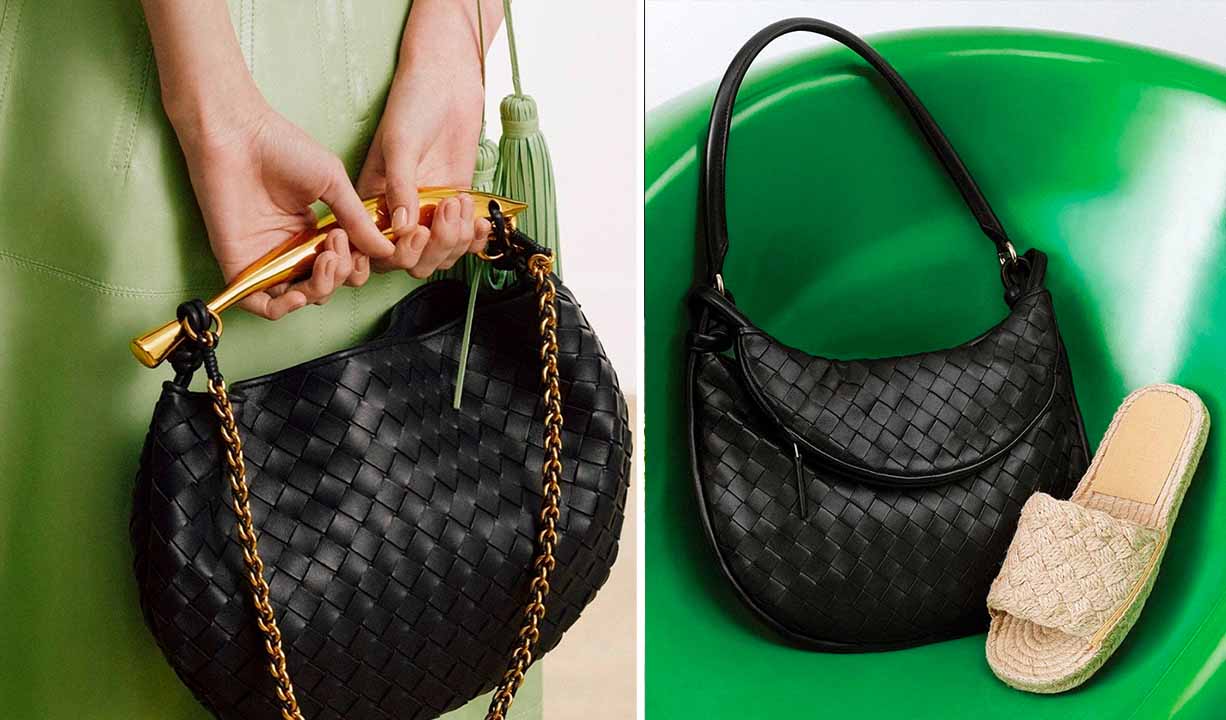 Montagem de fotos de bolsas com couro trançado, um símbolo que define o estilo Bottega Veneta.